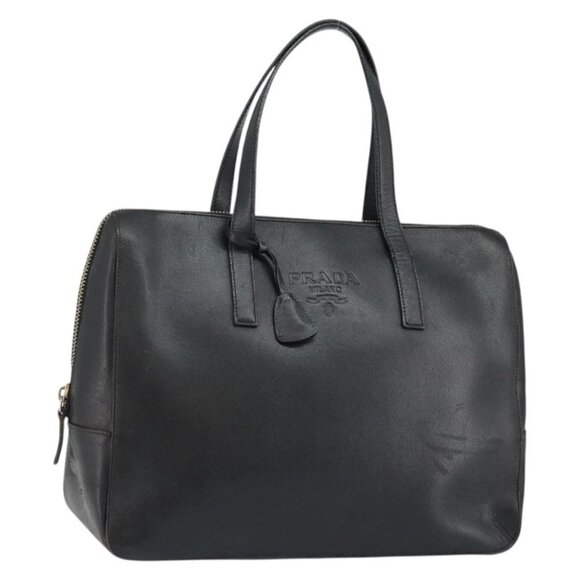 PRADA Hand Bag Safiano leather Black Gold Auth - Picture 1 of 16